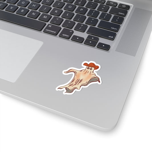 Laptop with a sticker of a ghost wearing a cowboy hat on the palm rest area.
